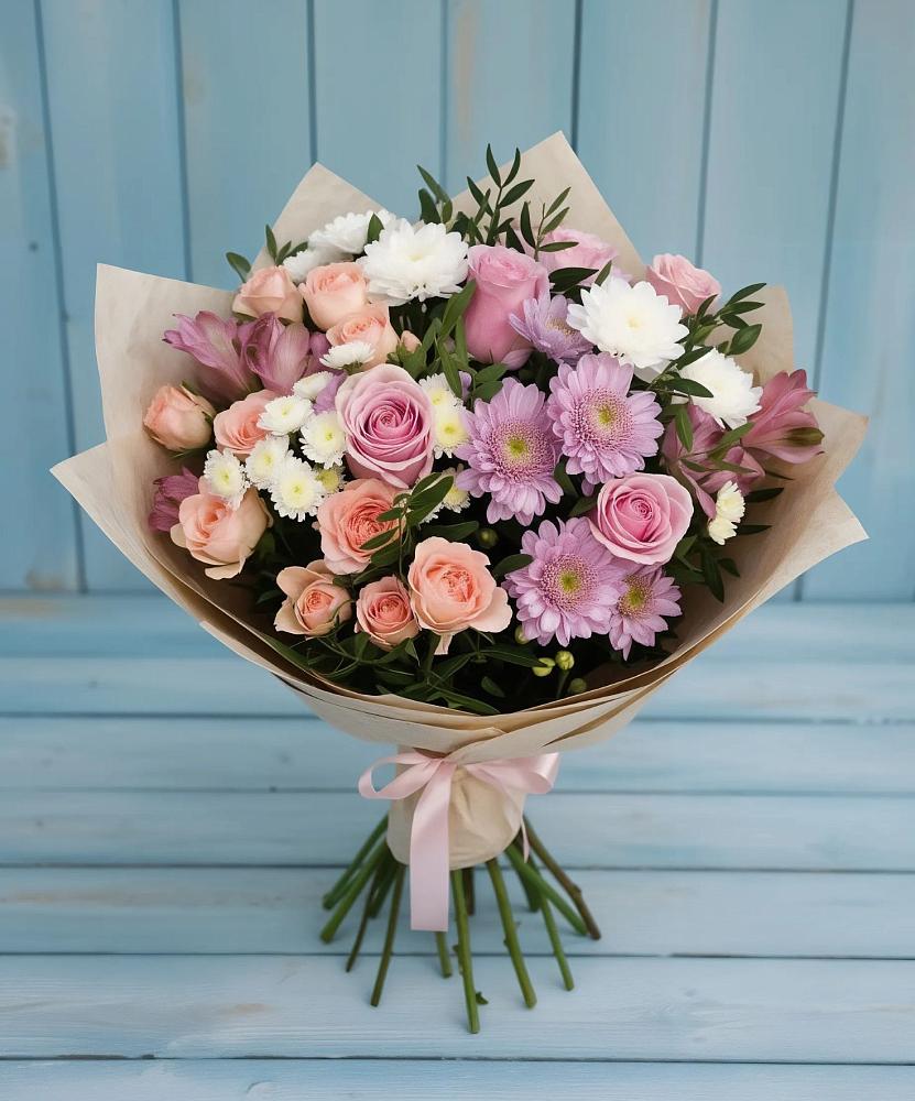 Букет цветов из: Хризантемы, Розы и Альстромерии в Петровске-Забайкальском