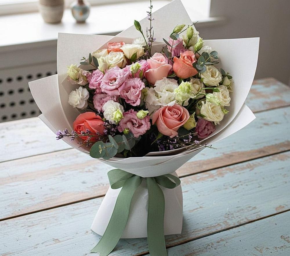 Букет цветов из: Розы, Лизиантусы и Гвоздики в Петровске-Забайкальском