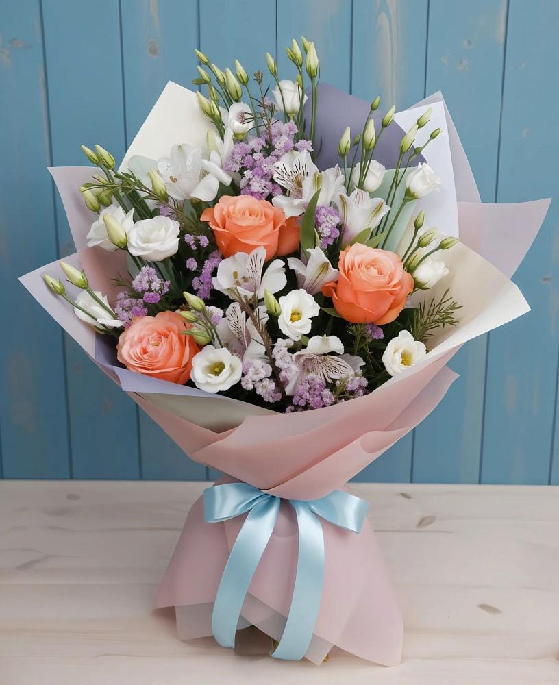 Букет цветов из: Лизиантусы, Розы, Альстромерии и Гипсофила в Петровске-Забайкальском